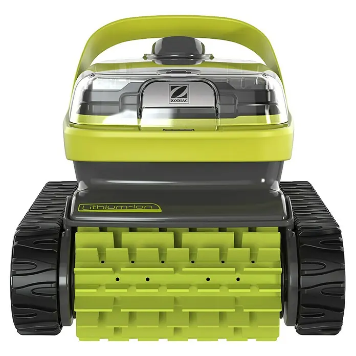 Zodiac Robot de piscina Pixcel OP3220 - A batería, Piscinas de hasta 8 x 4 m, 10 m³/h - Vista frontal de un robot limpiafondos Zodiac con cepillos amarillos y ruedas de tracción negras, equipado con tecnología de iones de litio.