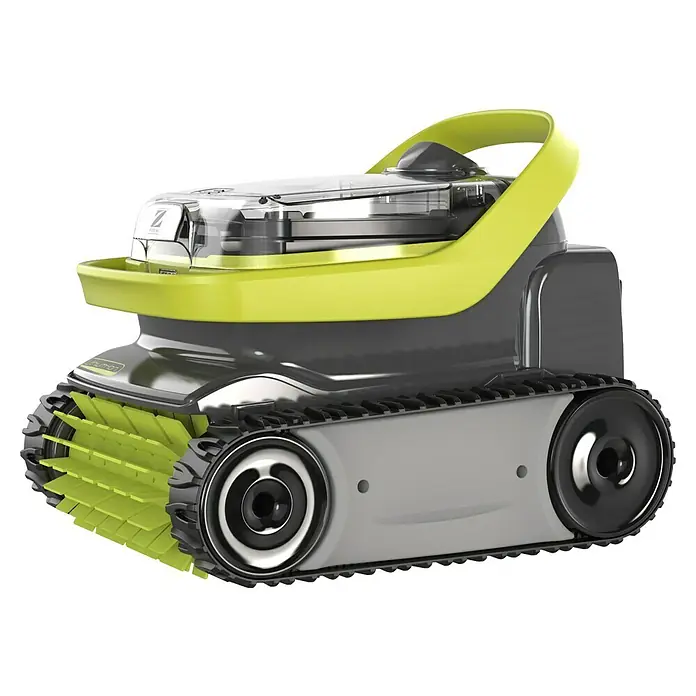 Zodiac Robot de piscina Pixcel OP3220 - A batería, Piscinas de hasta 8 x 4 m, 10 m³/h - Primer plano de un robot limpiafondos Zodiac con orugas y cepillo para una limpieza óptima de la piscina.