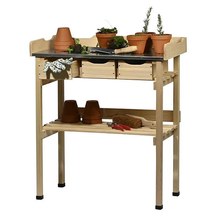 Dobar Pflanztisch - 78 x 38 x 88 cm, Holz, Natur - Ein Gartentisch aus Holz mit Metallplatte, bepflanzten Töpfen, Werkzeug und Schubladen, ideal für Gartenarbeiten.