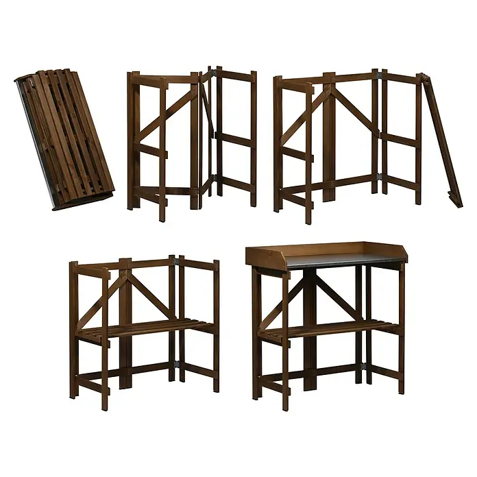 Dobar Pflanztisch Faltbar mit Ablage - 86 x 43 x 88 cm, Holz, Dunkelbraun - Bild einer Holzarbeitsbank in verschiedenen Aufbaustufen, von zusammengeklappt bis vollständig aufgebaut mit Arbeitsplatte.