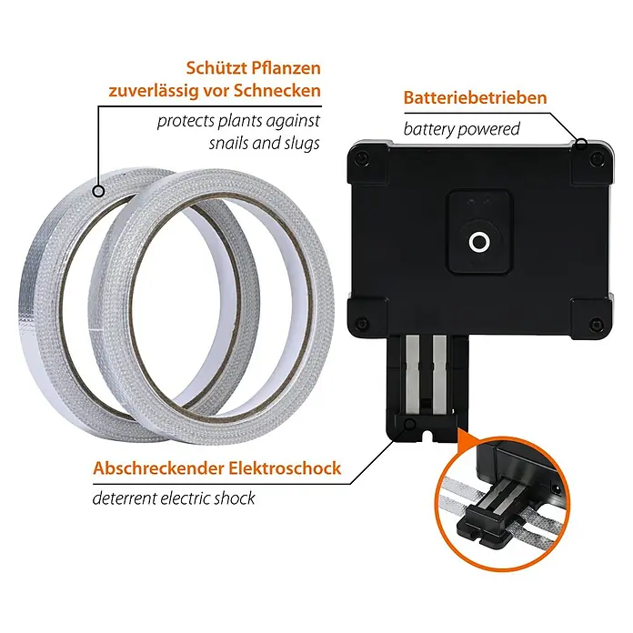 Dobar Schnecken-Stopp Slug-Shock - Länge: 10 m - Zwei Rollen silbernes Klebeband und ein schwarzes batteriebetriebenes Gerät für ein elektrisches Schneckenschutzsystem mit Schockfunktion.
