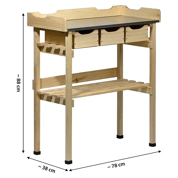 Dobar Pflanztisch - 78 x 38 x 88 cm, Holz, Natur - Ein hölzerner Gartentisch mit drei Schubladen und zusätzlichen Regalen für Gartenutensilien.