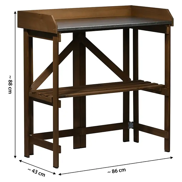 Dobar Pflanztisch Faltbar mit Ablage - 86 x 43 x 88 cm, Holz, Dunkelbraun - Das Bild zeigt einen Gartentisch aus Holz mit einer Arbeitsfläche aus Metall, ideal für Gartenarbeiten.
