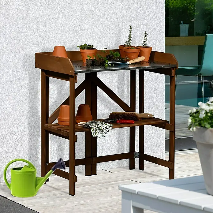 Dobar Pflanztisch Faltbar mit Ablage - 86 x 43 x 88 cm, Holz, Dunkelbraun - Ein vielseitiger, brauner Gartentisch mit Metallplatte, ideal für die Gartenarbeit im Freien. Mit Ablagefläche für Werkzeuge und Pflanzen.