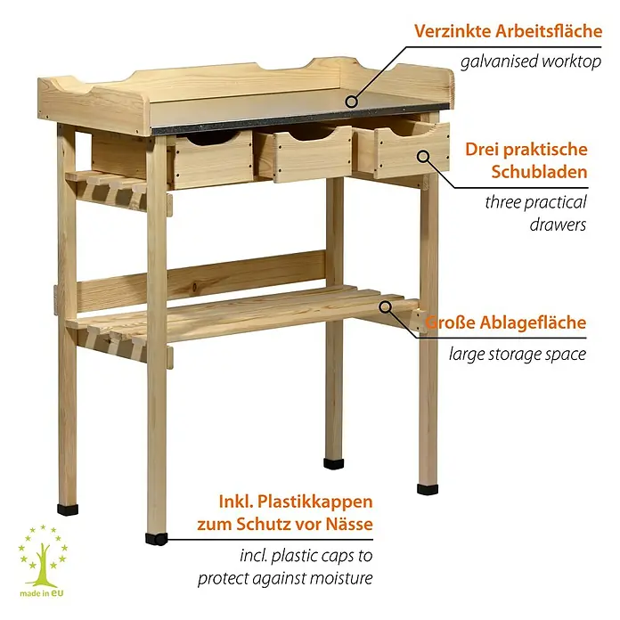 Dobar Pflanztisch - 78 x 38 x 88 cm, Holz, Natur - Ein hölzerner Gartentisch mit Arbeitsfläche, Schubladen und Ablageflächen bietet Stauraum und Arbeitsfläche für Gartenarbeiten.