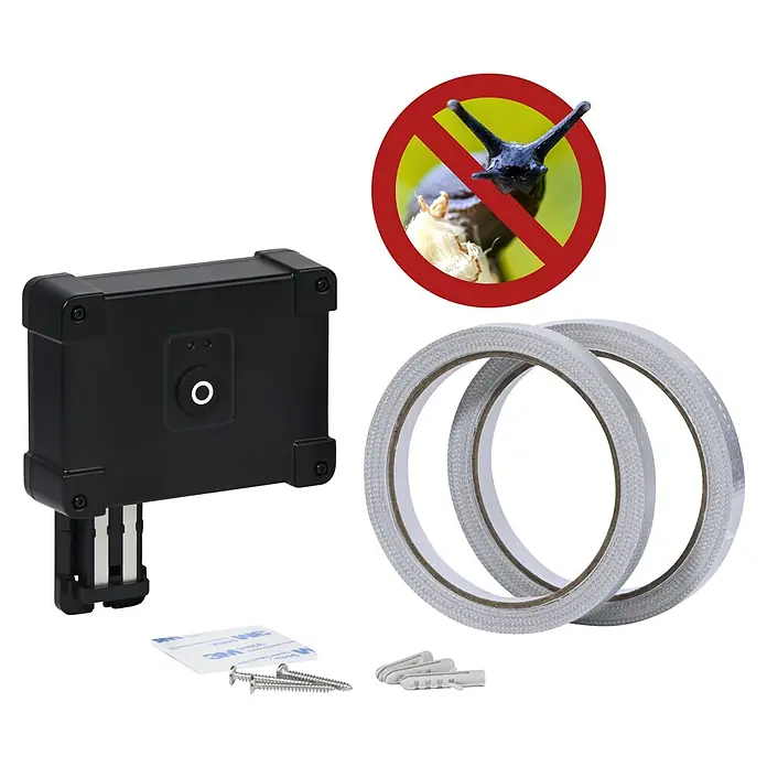Dobar Schnecken-Stopp Slug-Shock - Länge: 10 m - Schneckenabwehr-Kit mit schwarzem Gerät, zwei Metallbandrollen, Montagematerial und Schneckenschutzsymbol.