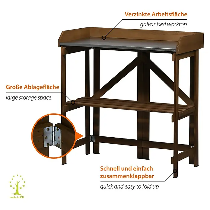 Dobar Pflanztisch Faltbar mit Ablage - 86 x 43 x 88 cm, Holz, Dunkelbraun - Detaillierte Ansicht eines Gartentisches mit Holzrahmen und Metallplatte, ideal für Gartenarbeiten.