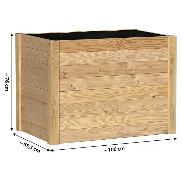 Dobar Hochbeet Douglasie - 106 x 65,5 x 76 cm, Holz, Natur - Nahaufnahme eines rechteckigen Hochbeets aus hellbraunem Holz mit einer schwarzen Auskleidung im Inneren, ideal für den Garten.