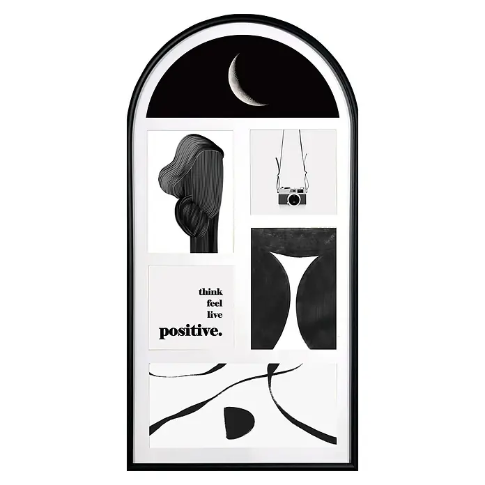 Collagerahmen - Anzahl Fotoplatzhalter: 6 Stk., Schwarz, Aluminium - Schwarzer gewölbter Galerierahmen mit einer Collage aus monochromen Kunstdrucken: einer Mondsichel, abstrakten Formen, einer Kamera und „think feel live positive“-Text.