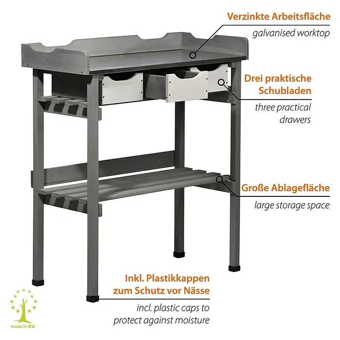 Dobar Pflanztisch - 78 x 38 x 88 cm, Holz, Grau - Grauer Pflanztisch mit Schubladen und Regalböden, ideal für Gartenarbeit und Aufbewahrung im Freien.