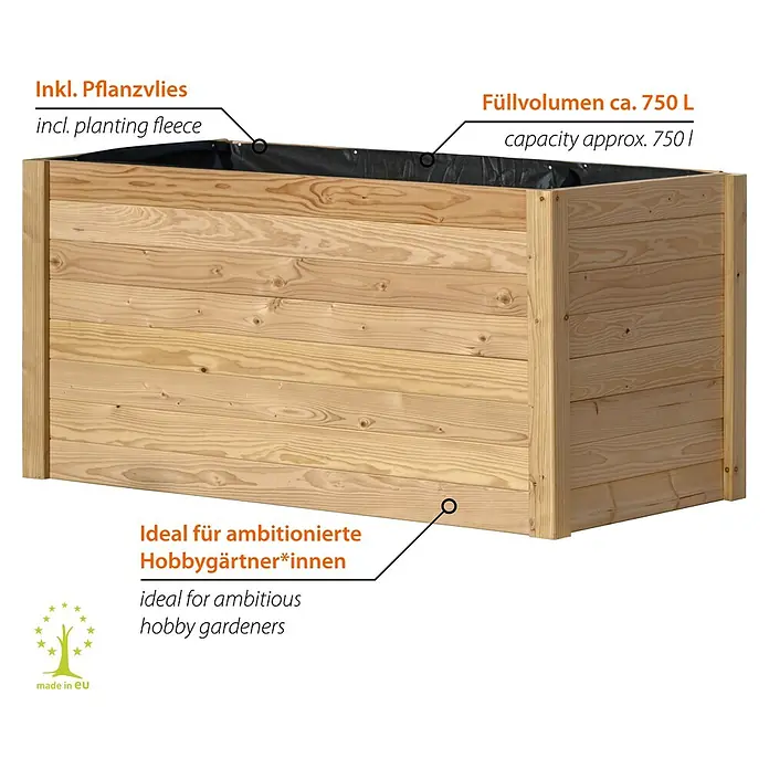 Dobar Hochbeet Douglasie - 147 x 80 x 76 cm, Holz, Natur - Ein rechteckiger, erhöhter Pflanzkasten aus unbehandeltem Holz mit schwarzer Auskleidung, ideal für Gartenprojekte.