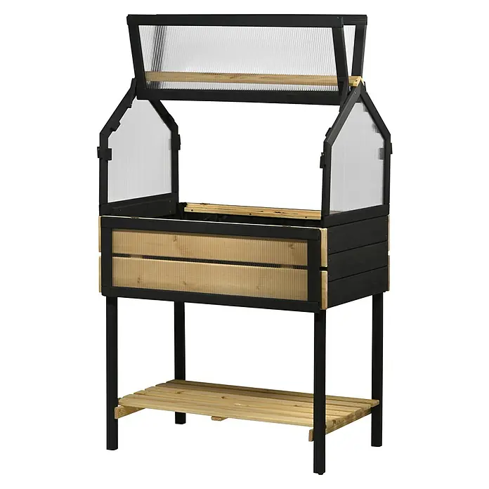 Dobar Hochbeet 4 Jahreszeiten - 76 x 48 x 118 cm, Holz, Anthrazit/Natur - Abgebildeter, hochbeetförmiger Pflanztisch mit aufklappbarem Frühbeetaufsatz und Ablagefläche.