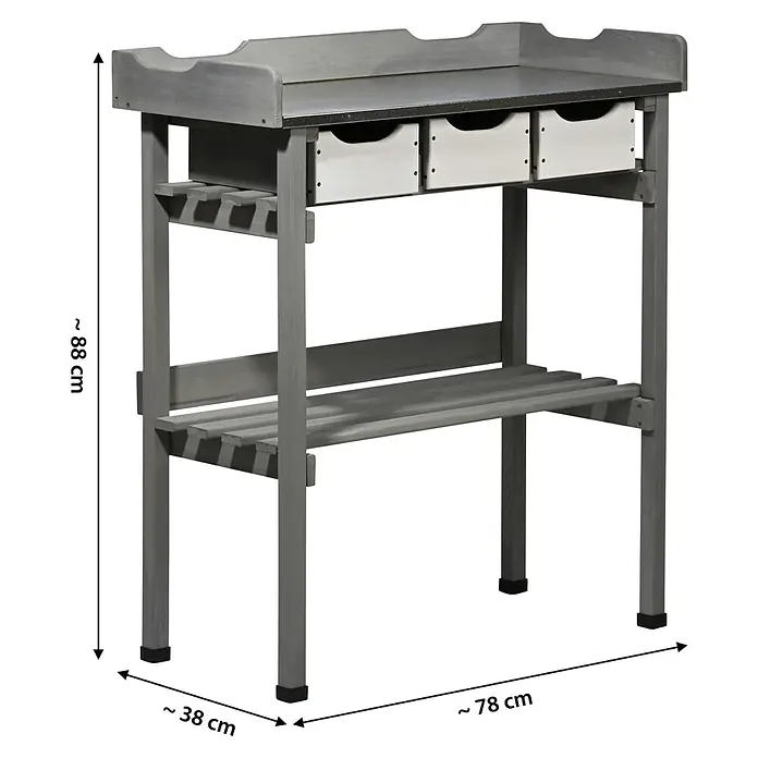 Dobar Pflanztisch - 78 x 38 x 88 cm, Holz, Grau - Eine graue Werkbank mit drei weißen Schubladen und zwei Regalen bietet viel Stauraum und Arbeitsfläche.
