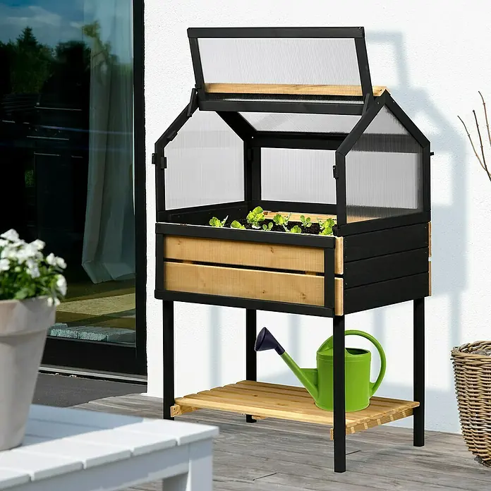 Dobar Hochbeet 4 Jahreszeiten - 76 x 48 x 118 cm, Holz, Anthrazit/Natur - Bild eines Hochbeets mit schwarzem Rahmen, Holzverkleidung und transparenter Abdeckung, ideal für den Garten.
