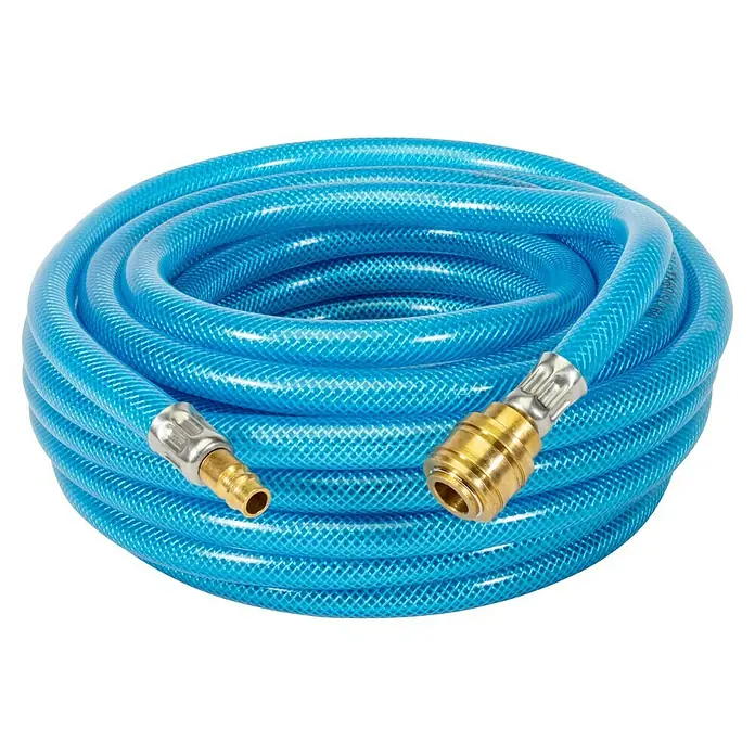 Güde Druckluftschlauch - Länge: 10 m, Schlauchdurchmesser: 13 mm - Gekräuselter blauer Luftschlauch mit Messing- und Silberarmaturen.
