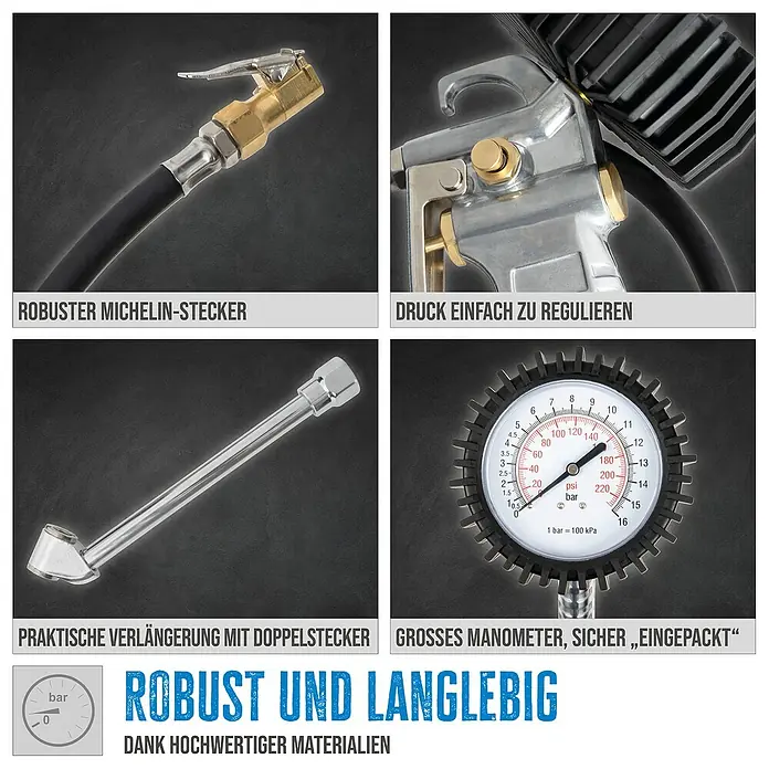 Güde Reifenfüllmesser Profi - Max. Druck: 12 bar, Schlauchlänge: 0,9 m - Robustes Reifenfüllmessgerät mit Michelin-Stecker, Verlängerung und großem, geschütztem Manometer aus hochwertigen Materialien.