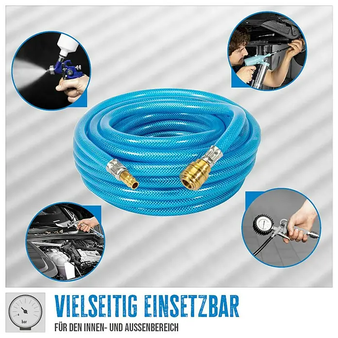 Güde Druckluftschlauch - Länge: 10 m, Schlauchdurchmesser: 13 mm - Aufgewickelter blauer PVC-Druckluftschlauch mit Messing-Schnellkupplungen, vielseitig einsetzbar für Druckluftanwendungen wie Lackieren oder Reifenprüfen.