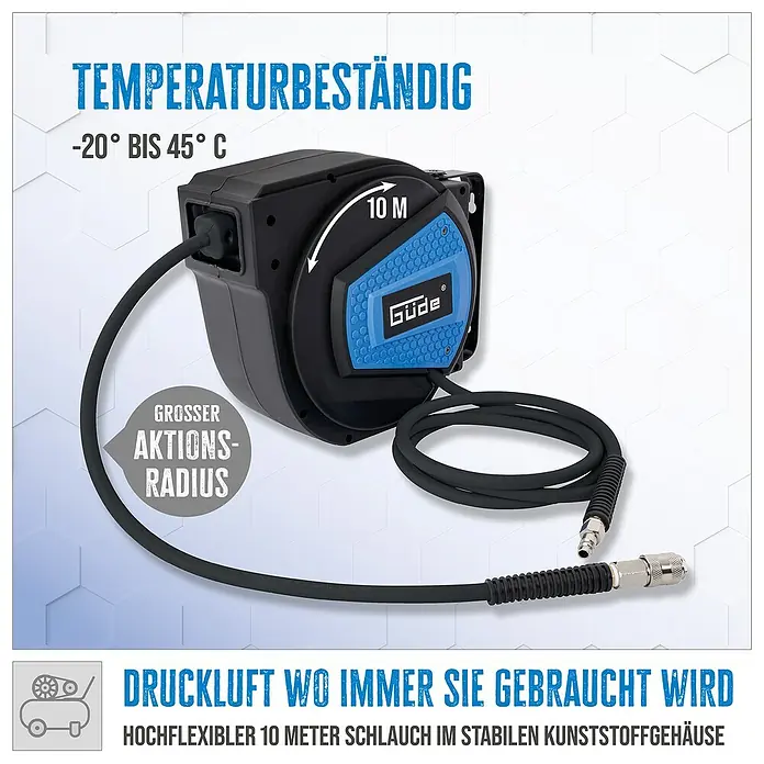 Güde Automatische Schlauchtrommel - Schlauchlänge: 10 m - Automatischer Druckluftschlauchaufroller in Schwarz mit blauem Akzent und 10m hochflexiblem Schlauch. Temperaturbeständig von -20° bis 45° C.