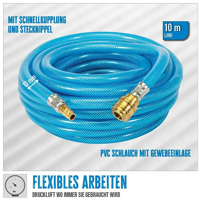 Güde Druckluftschlauch - Länge: 10 m, Schlauchdurchmesser: 13 mm - Blauer PVC Druckluftschlauch mit Gewebeeinlage, 10 m lang, 13 mm Durchmesser, mit Schnellkupplung und Stecknippel.