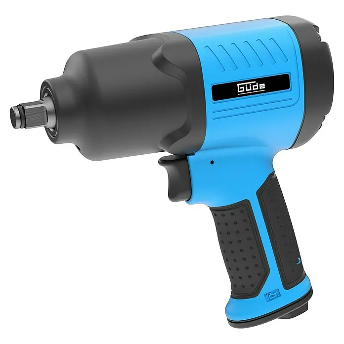 Güde Druckluft-Schlagschrauber Twin Hammer 1/2" - Betriebsdruck: 6,3 bar, Leerlaufdrehzahl: 7.000 U/min - Blauer und schwarzer Schlagschrauber mit strukturiertem Griff und Metallantriebswelle. Mit "Güde"-Logo.