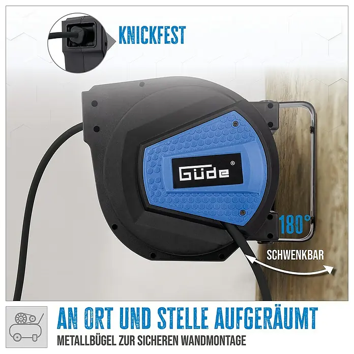 Güde Automatische Schlauchtrommel - Schlauchlänge: 10 m - Ein schwarz-blauer, wandmontierter Schlauchaufroller mit Metallbügel, 180° schwenkbar und knickfester Schlauchführung.