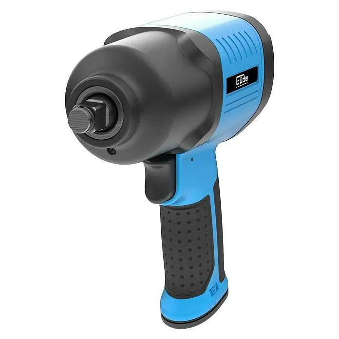 Güde Druckluft-Schlagschrauber Twin Hammer 1/2" - Betriebsdruck: 6,3 bar, Leerlaufdrehzahl: 7.000 U/min - Blauer und schwarzer pneumatischer Schlagschrauber mit Vierkantantrieb aus Metall und texturiertem Griff.