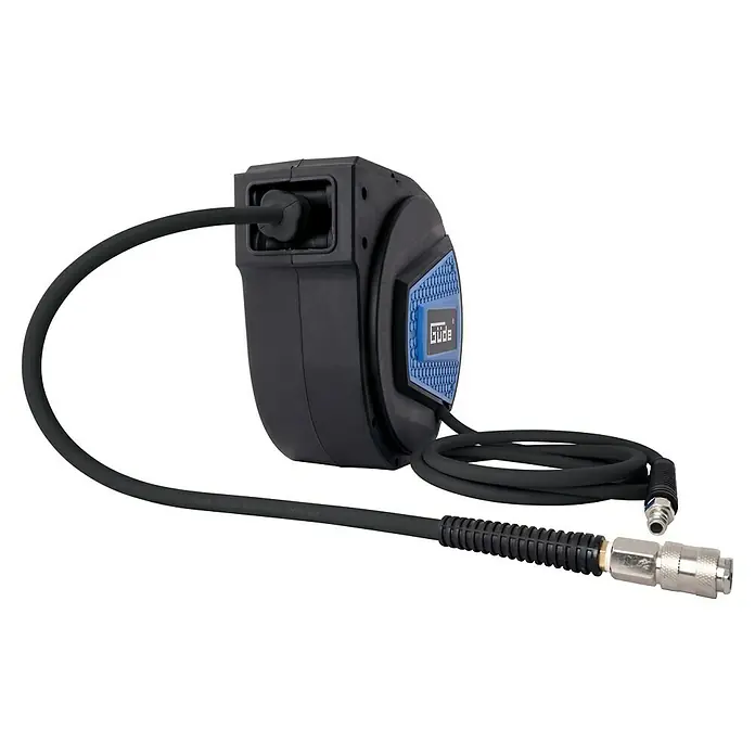 Güde Automatische Schlauchtrommel - Schlauchlänge: 10 m - Schwarze Luftschlauchhaspel mit blauem Akzent, mit angeschlossenem Schlauch und Schnellkupplung.