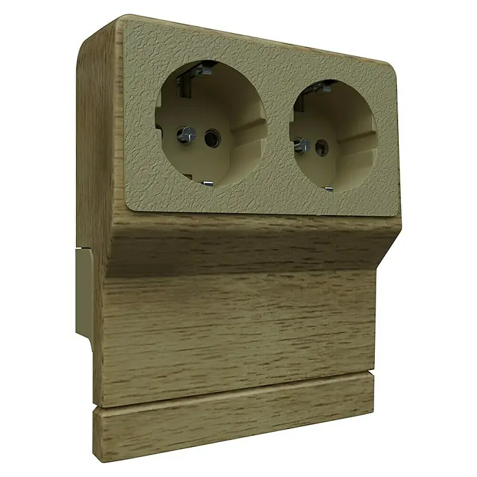GGK Gerätetank - 2-fach, Buche, Passend für: Sockelleistenkanal SL 20x50 - Nahaufnahme einer Doppelsteckdose in Holzoptik mit zwei runden Aussparungen und Metalleinsätzen.