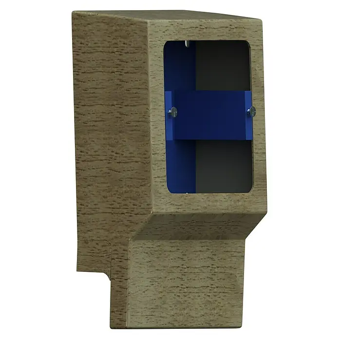 GGK Gerätetank - 1-fach, Buche, Passend für: Sockelleistenkanal SL 20x50 - Nahaufnahme eines hölzernen Wandmontage-Spenders mit einer blauen Halterung im Inneren, der Funktionalität und Design vereint.
