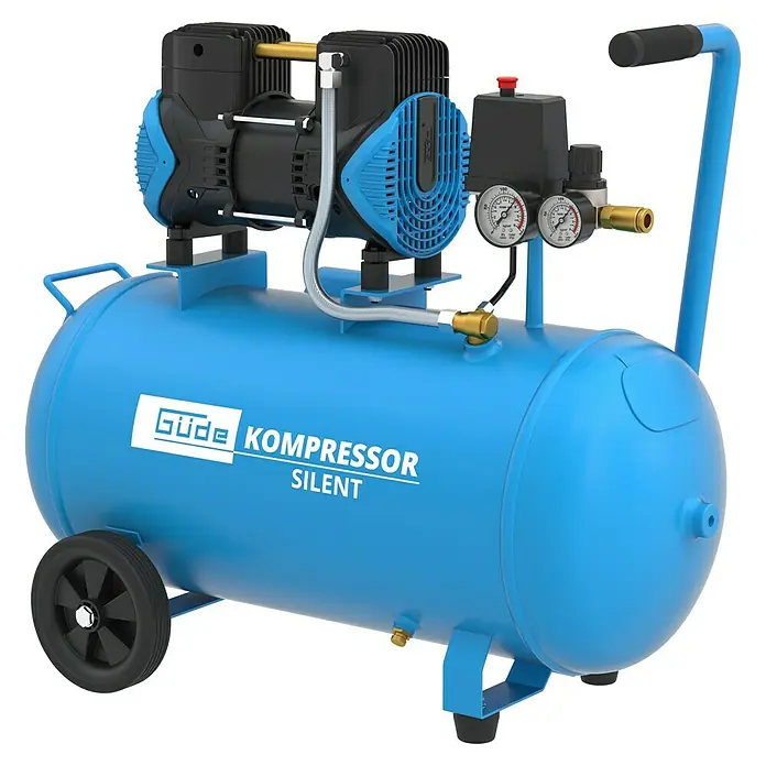 Güde Flüsterkompressor Airpower 270/8/50 Silent - 1.500 W, Max. Druck: 8 bar, 50 l, Schmierung: Ohne - Blauer Güde Silent Kompressor mit schwarzem Motor, Manometern und Rädern.