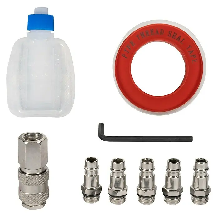 Güde Druckluft-Werkzeug-Set - 71 -tlg. - Ein Set Pneumatik- oder Sanitärzubehör: silberne Schnellkupplungen, rotes PTFE-Dichtband, eine klare Schmierölflasche und ein schwarzer Inbusschlüssel.