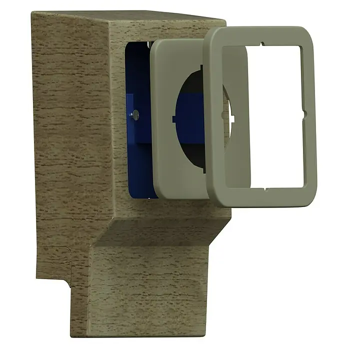 GGK Gerätetank - 1-fach, Buche, Passend für: Sockelleistenkanal SL 20x50 - Nahaufnahme eines Wandanschlusses mit Holzmaserung, einer blauen Einlassung und zwei cremefarbenen Abdeckplatten, die für einen Steckdoseneinsatz vorbereitet sind.