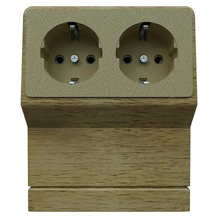 GGK Gerätetank - 2-fach, Buche, Passend für: Sockelleistenkanal SL 20x50 - Ein rustikaler Doppelstecker mit Holzrahmen, der Funktionalität und traditionelles Design vereint. Ideal für den Einsatz in Wohnräumen.