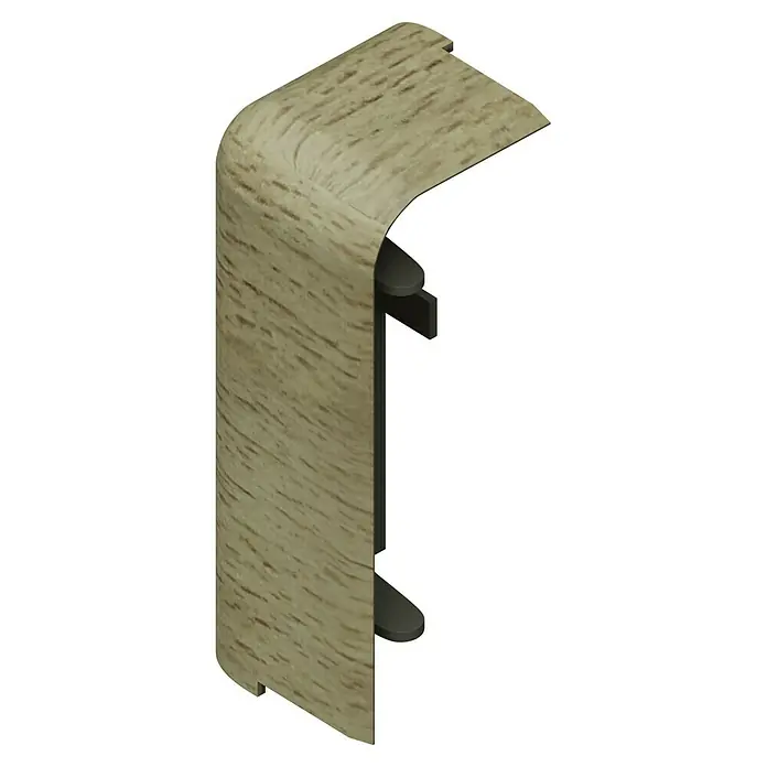 GGK Endstück - Links, Buche, Passend für: Sockelleistenkanal SL 20x50 - Nahaufnahme einer stilvollen, hellbraunen Eckbank mit einem markanten Holzmaserungsmuster und elegantem Design. Ideal für moderne Räume.