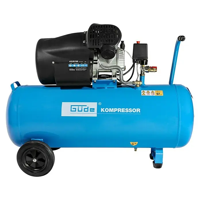 Güde Kompressor 412/8/100 - 2.200 W, Max. Druck: 8 bar, 100 l, Schmierung: Ölgeschmiert - Blauer Luftkompressor mit schwarzem Motor, Bedienfeld und Rädern für den Transport.
