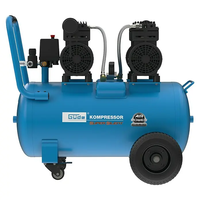Güde Flüsterkompressor Airpower 275/8/50 Silent - 1.500 W, Max. Druck: 8 bar, 50 l, Schmierung: Ohne - Blauer "Super Silent" Kompressor mit zwei schwarzen Motoren, großem Griff und Rädern für Mobilität.
