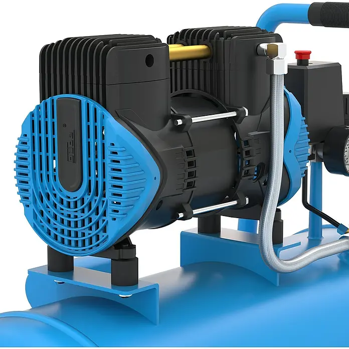 Güde Flüsterkompressor Airpower 270/8/50 Silent - 1.500 W, Max. Druck: 8 bar, 50 l, Schmierung: Ohne - Blauer und schwarzer Luftkompressor mit sichtbarem Motor, Kühlrippen und Verbindungsrohren.