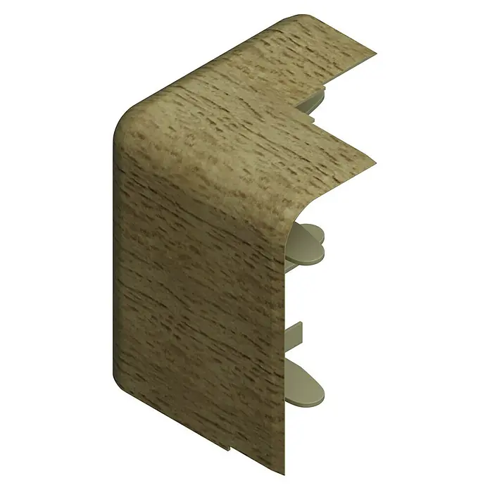 GGK Außeneck - Buche, Passend für: Sockelleistenkanal SL 20x50 - Das Bild zeigt ein Eckprofil in Holzoptik, das für den Innenausbau oder Möbelbau verwendet werden kann. Es bietet eine saubere, abgerundete Kante.