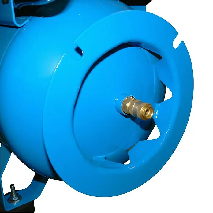 Güde Kompressor 635/10/90 Pro - 3.000 W, Max. Druck: 10 bar, 100 l, Schmierung: Ölgeschmiert - Blauer Druckluftbehälter mit Messing-Schnellkupplung und Schutzrahmen.