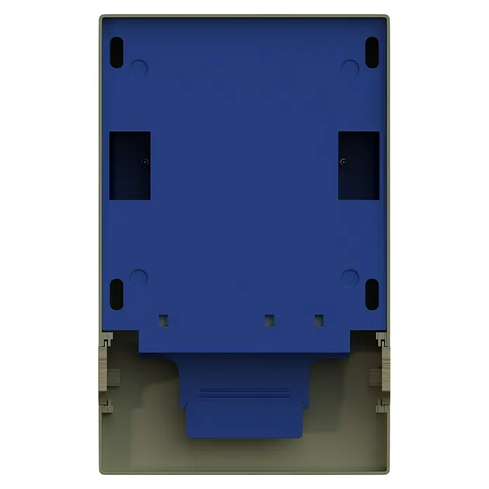GGK Gerätetank - 1-fach, Buche, Passend für: Sockelleistenkanal SL 20x50 - Blaue, rechteckige Tissuebox mit Montageelementen und Aussparungen, eingebettet in einem beigefarbenen Rahmen.