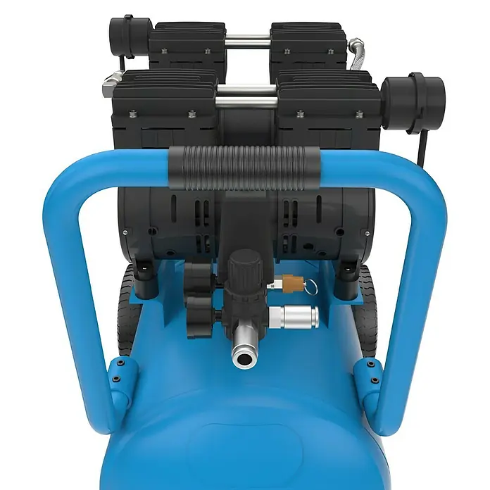 Güde Flüsterkompressor Airpower 275/8/50 Silent - 1.500 W, Max. Druck: 8 bar, 50 l, Schmierung: Ohne - Blauer, tragbarer Luftkompressor mit schwarzen Motoren, geriffeltem Griff, Manometern und Luftanschlüssen.