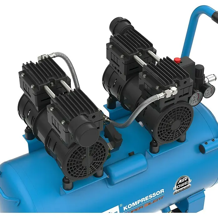 Güde Flüsterkompressor Airpower 275/8/50 Silent - 1.500 W, Max. Druck: 8 bar, 50 l, Schmierung: Ohne - Blauer Luftkompressor mit zwei schwarzen Direktantriebspumpen, verchromten Verbindungsrohren und Manometern für leisen Betrieb.