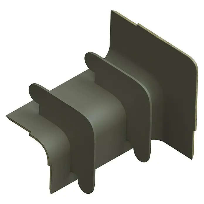 GGK Innenecke - Buche, Passend für: Sockelleistenkanal SL 20x50 - Eine perspektivische Ansicht eines olivefarbenen 3D-Modells, das ein Trägerstrukturdesign mit gerundeten Kanten und stabilen vertikalen Stützen zeigt.