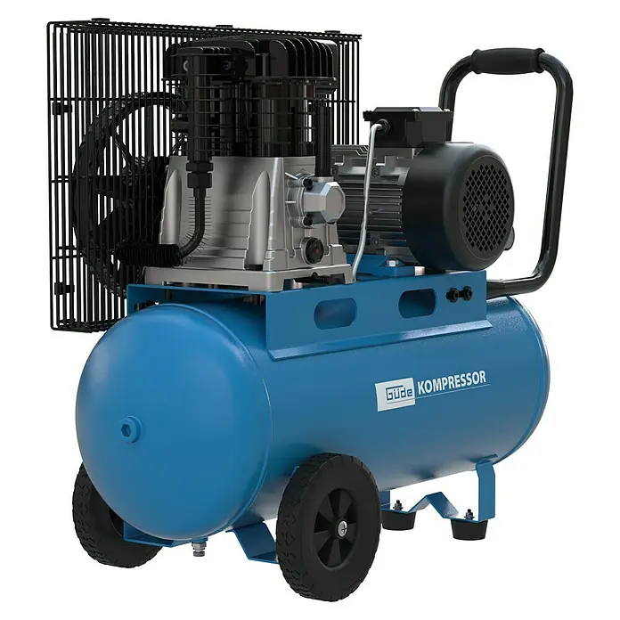 Güde Kompressor 580/10/50/400V - 2.200 W, Max. Druck: 10 bar, 50 l, Schmierung: Ölgeschmiert - Blauer Luftkompressor mit schwarzem Motor, Griff und Rädern. Mit silbernem Kompressorkopf und Schutzgitter.