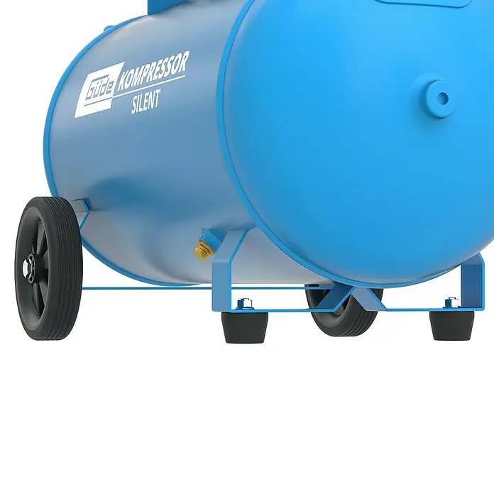 Güde Flüsterkompressor Airpower 270/8/50 Silent - 1.500 W, Max. Druck: 8 bar, 50 l, Schmierung: Ohne - Blauer Güde Silent Kompressor auf Rädern mit schwarzen Füßen und Messingventil.