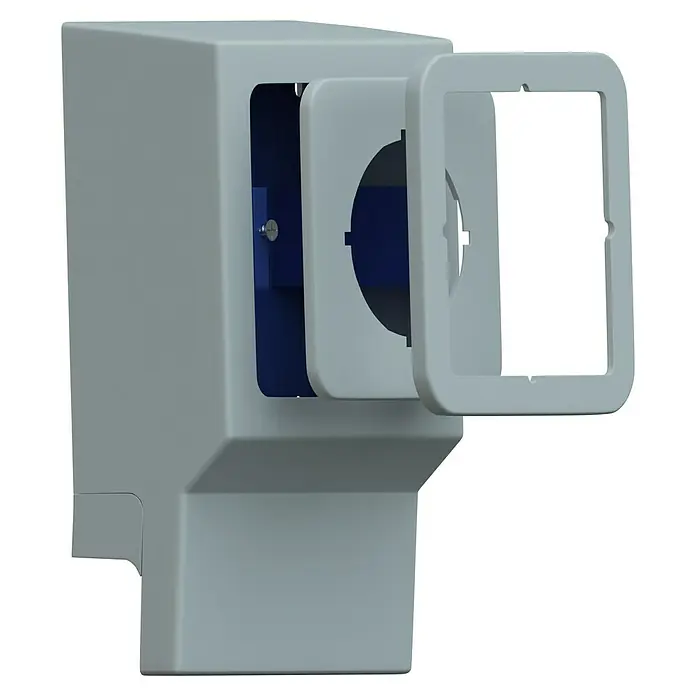 GGK Gerätetank - 1-fach, Alpinweiß, Passend für: Sockelleistenkanal SL 20x50 - Das Bild zeigt einen Klapptischspender. Dieser innovative Spender ist ideal für den Einsatz in Bereichen, in denen Platz begrenzt ist.