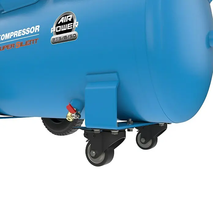 Güde Flüsterkompressor Airpower 275/8/50 Silent - 1.500 W, Max. Druck: 8 bar, 50 l, Schmierung: Ohne - Blauer Super-Silent-Luftkompressor-Tank mit Rädern und rotem Ventil, aus niedriger Perspektive.