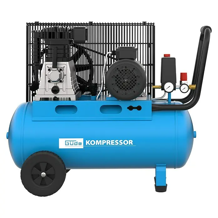 Güde Kompressor 580/10/50/400V - 2.200 W, Max. Druck: 10 bar, 50 l, Schmierung: Ölgeschmiert - Blauer Luftkompressor mit schwarzen Rädern, Kompressoreinheit, Motor, Manometern und Griff.
