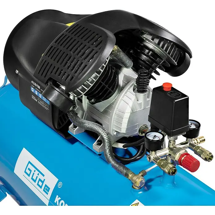 Güde Kompressor 412/8/100 - 2.200 W, Max. Druck: 8 bar, 100 l, Schmierung: Ölgeschmiert - Blauer Luftkompressor mit schwarzem Motorgehäuse, silberner Kompressoreinheit, rotem Druckregler und Anzeigen.