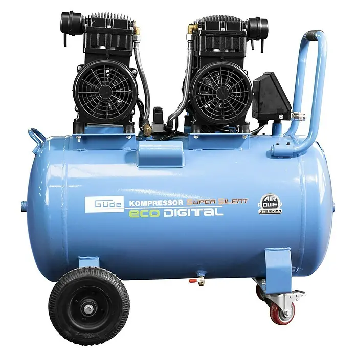 Güde Flüsterkompressor 375/8/100 ED-Silent - 2.200 W, Max. Druck: 8 bar, 100 l, Schmierung: Ohne - Blauer, leiser Luftkompressor mit zwei schwarzen Pumpeneinheiten auf einem horizontalen Tank, ausgestattet mit großen Rädern und Griff für Mobilität.
